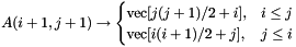 \[ A(i+1, j+1) \to \begin{cases} \text{vec}[j(j+1)/2+i], & i \leq j \\ \text{vec}[i(i+1)/2+j], & j \leq i \end{cases} \]