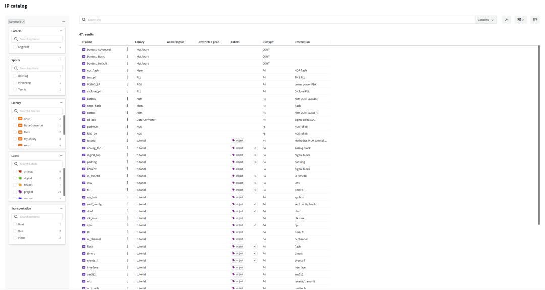 ip catalog with quick filters pane