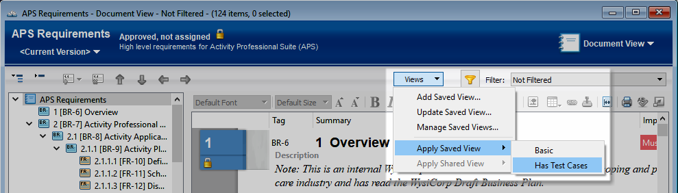 Applying Saved Requirement Document Views