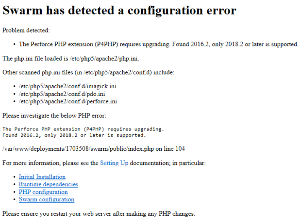 Image of the P4 API for PHP version error message