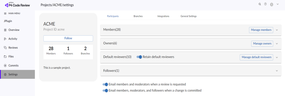 Project settings summary