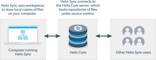 Helix Sync uses workspaces to store local copies of files on your computer. Helix Sync connects to the Helix Core Server, which hosts repositories of files under source control.