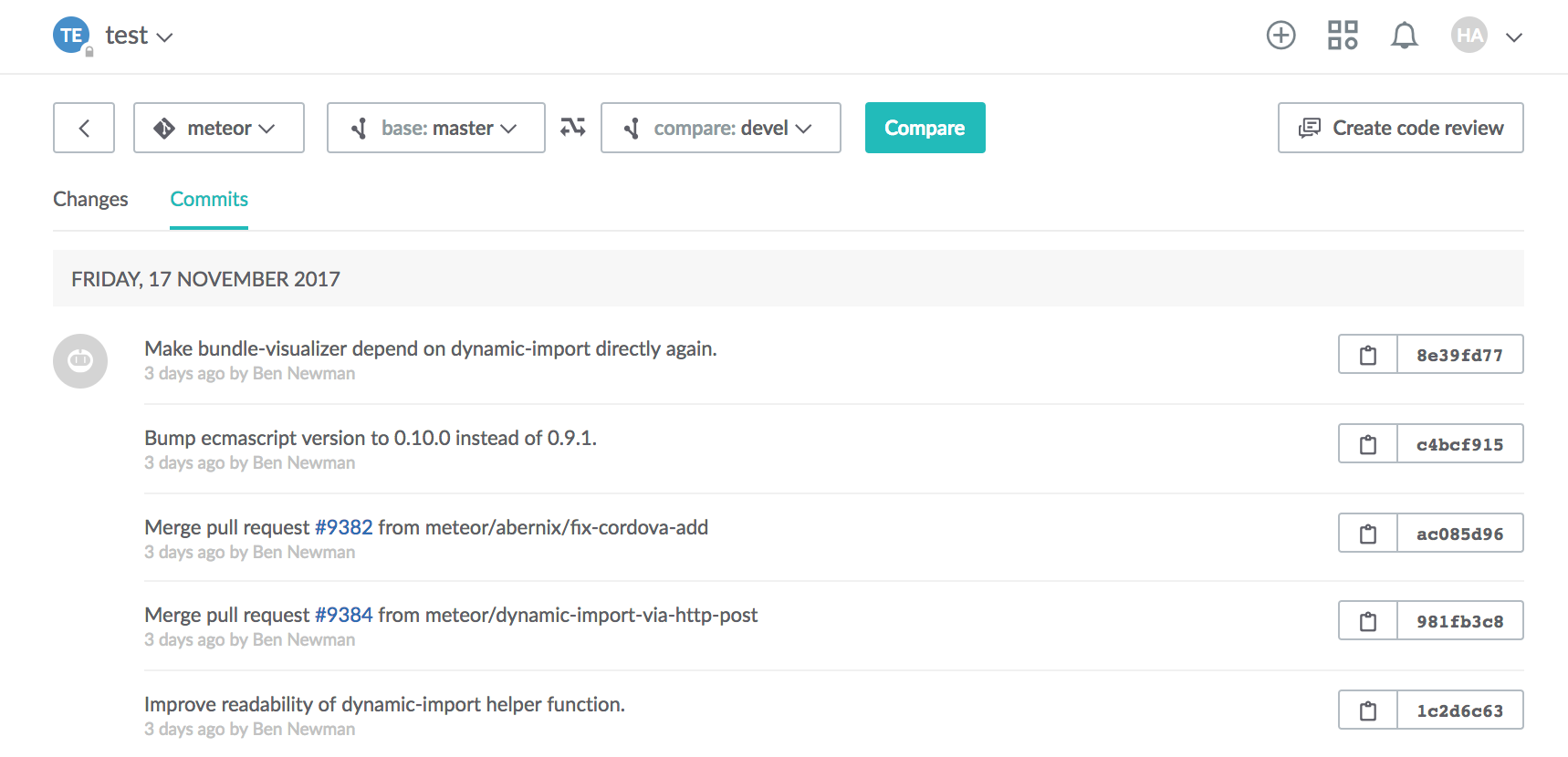 Commits comparison view