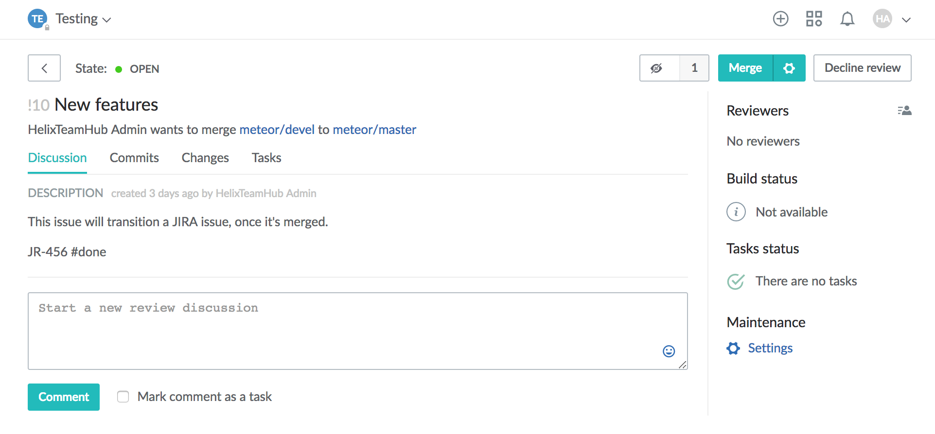 Helix TeamHub code review that will transition a JIRA issue once merged