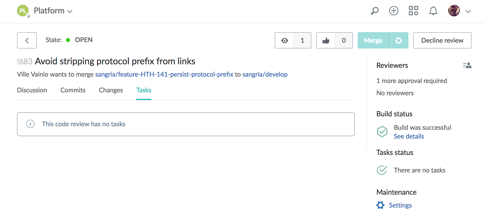 Helix TeamHub code review with successful build event