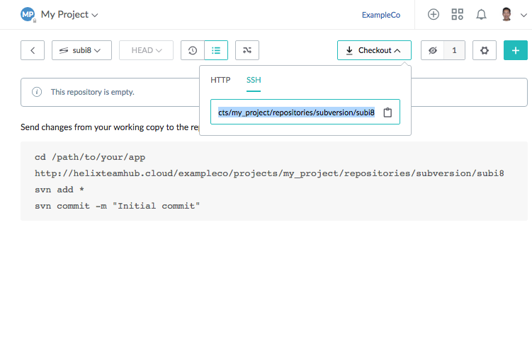 Empty Subversion repository in Helix TeamHub with clone url open