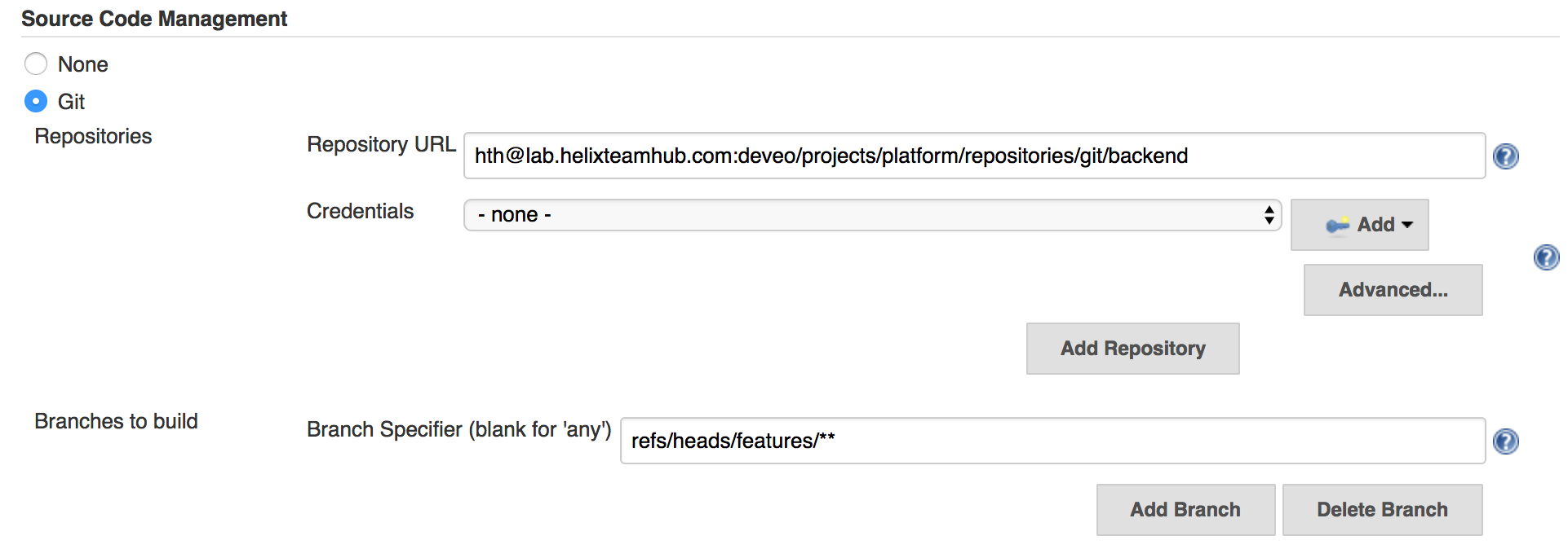 Jenkins job with Helix TeamHub Git repository configured