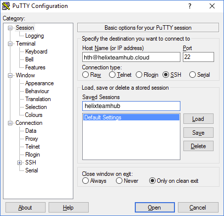 Putty configuration with Helix TeamHub url configured
