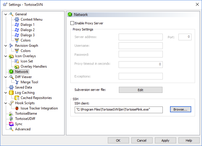 TortoiseSVN settings in Network tab with SSH client configured