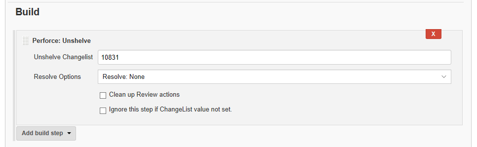 Perforce: Unshelve Build Step