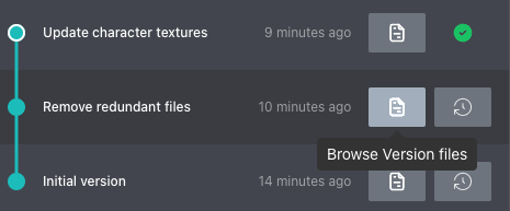 A list of local versions is shown in the  timeline view. Each version entry has two buttons, one with a folder icon and one with a circular arrow pointing clockwise. A mouse hovers over the button with the folder icon. A tooltip reads "Browse Version files"