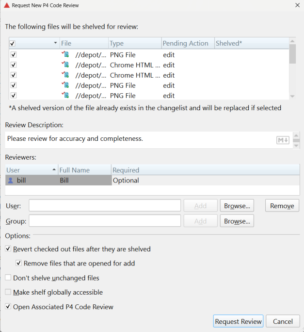 Request New Swarm Review Dialog from Pending Changelist