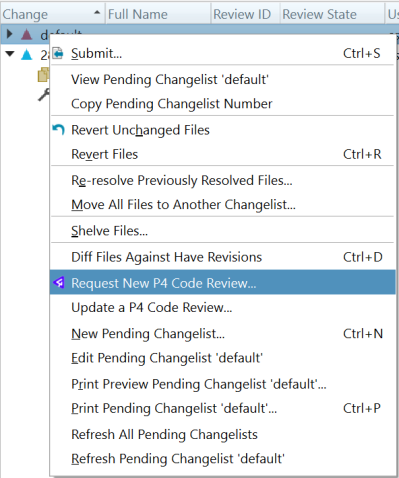 Request New Swarm Review Context Menu on Pending Changelist