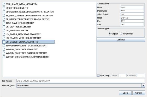 Select
Data Sources pane for an Oracle spatial database