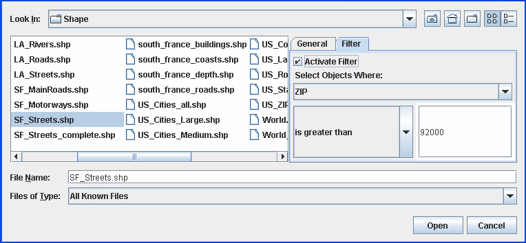 Filter
definition to load only a subset of the shape file content