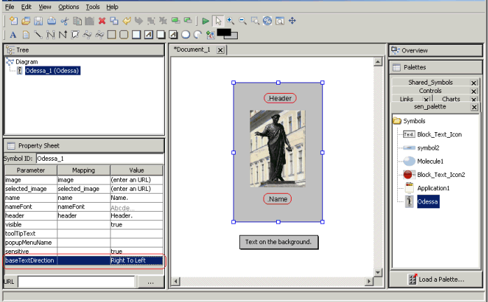 Dashboard
Editor window showing the property sheet of a selected symbol with
the baseTextDirection parameter set to Right To Left