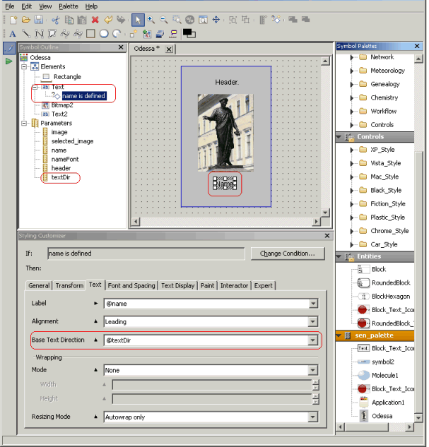 Symbol
Editor window showing that the base text direction setting of the
selected text element in a symbol is mapped to the textDir parameter
of this symbol