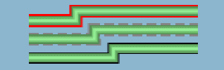 Figure
showing three link with different border properties. The links are
vertically aligned. All have a green fill color and a double bend.
The top link has a solid red border, the middle link has a green dashed-line
border, and the bottom link has a black border..