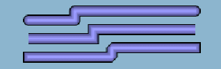 Figure
showing three link with different end and join style combinations.
The links are vertically aligned. All have a blue fill color with
solid black borders and a double bend. The top link has rounded ends
and joins, the middle link has open or butt ends and mitered joins,
while the bottom link has square ends and beveled joins.