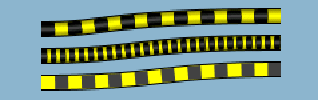 Figure
showing three vertically-aligned curved links with yellow and dark
gray stripes.