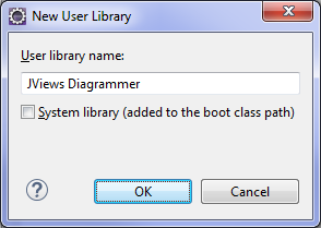 Eclipse
New User Library window showing JViews Diagrammer entered as a user
library name.
