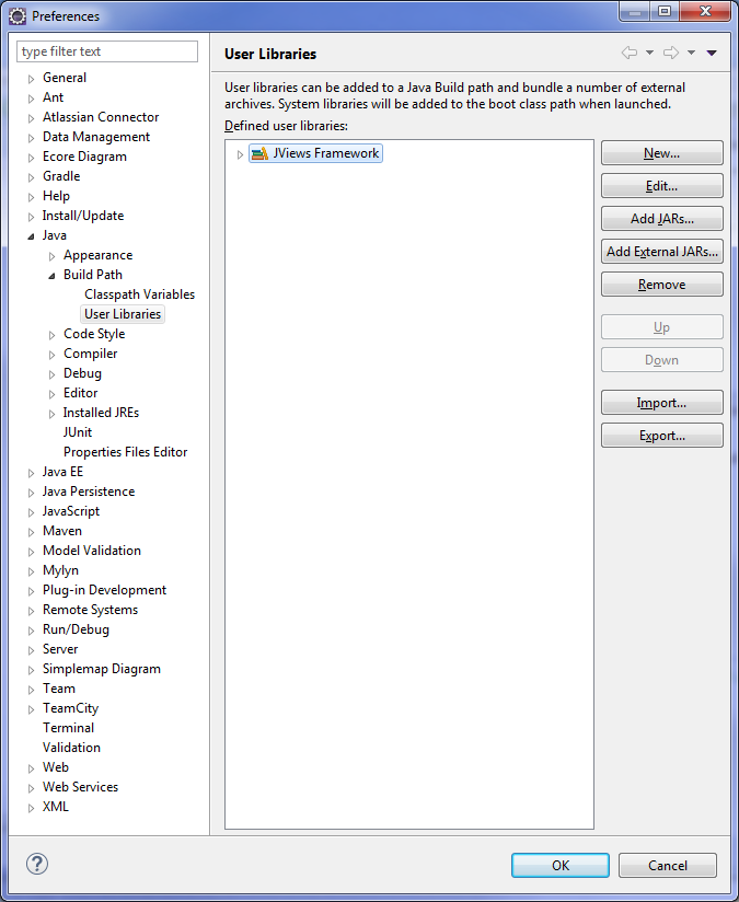 Eclipse
Preferences window showing User Libraries selected.