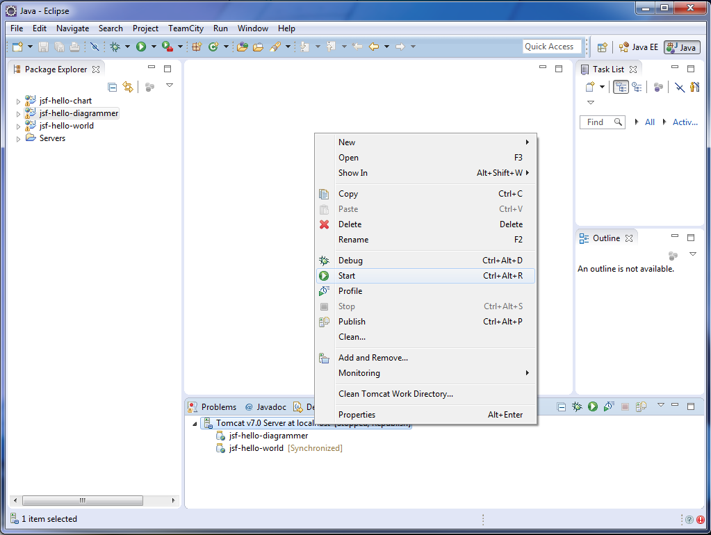 Java
Eclipse window with Servers tab displaying Tomcat V7.0 Server at localhost.highlighted
and Start option selected.