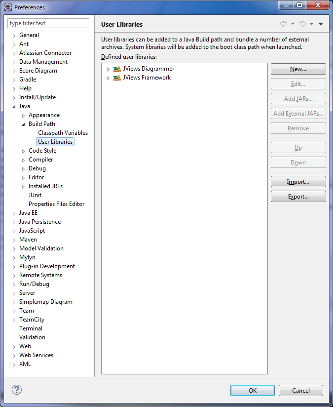 Eclipse
Preferences window showing JViews Diagrammer and JViews Framework
User Libraries.