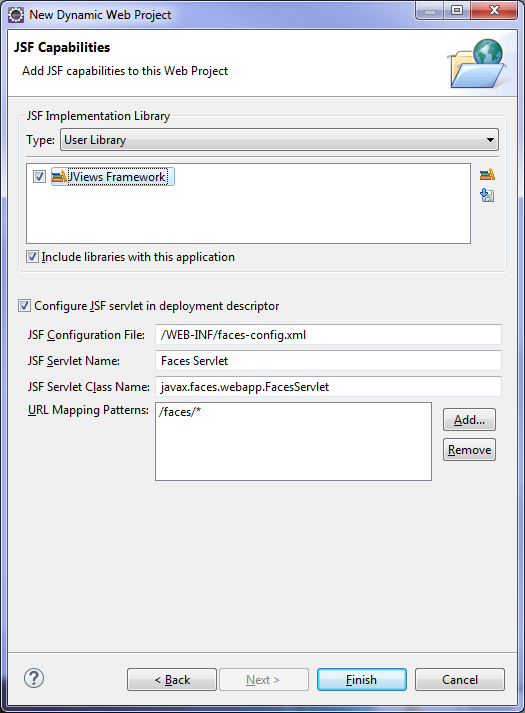 Eclipse
New Dynamic Web Project window showing JSF implementation library
selected.