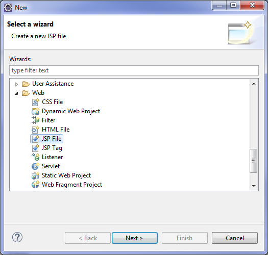 Eclipse
new JavaServer Page window with JSP selected.