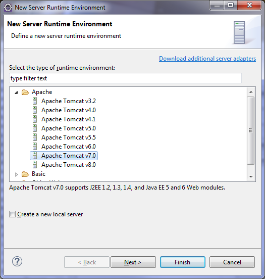 New
Server Runtime Environment window showing Apache Tomcat version 7
selected.
