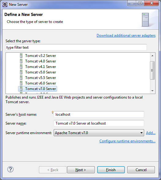 Define
a New Server window with Tomcat v7.0 Server selected.