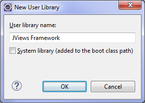 Eclipse
New User Library window showing JViews Framework entered as a user
library name.