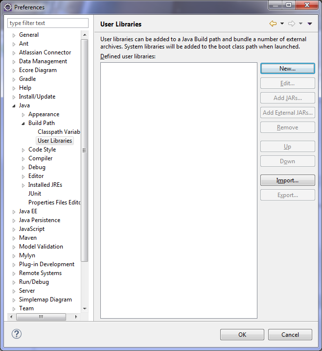 Eclipse
Preferences window showing User Libraries selected.