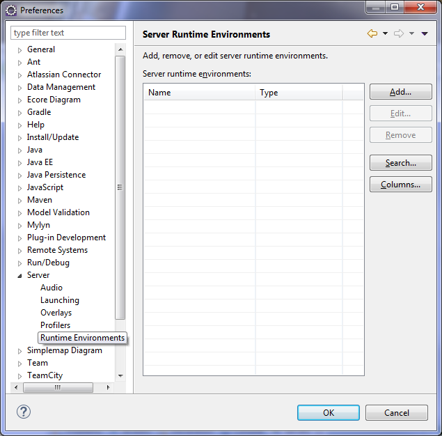 Eclipse
Preferences window showing Runtime Environments option selected.