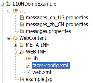 Project
file structure for JSF showing the file faces-config.xml highlighted
inside the subfolder folder WebContent>WEB- INF and the previously
referred to message files in a different folder called src located
parallel to the folder WebContent..