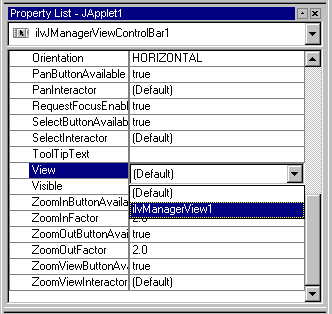 Picture
showing the bean properties of the IlvJManagerViewControlBar in a
property sheet