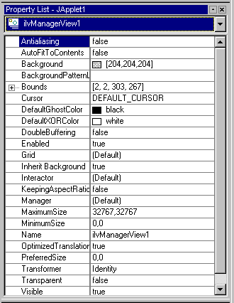 Picture
showing the bean properties of the IlvManagerView in a property sheet