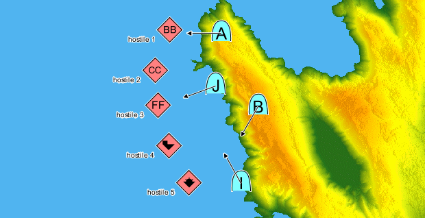 Map showing
examples of hostile forces, tanks, and missiles symbols