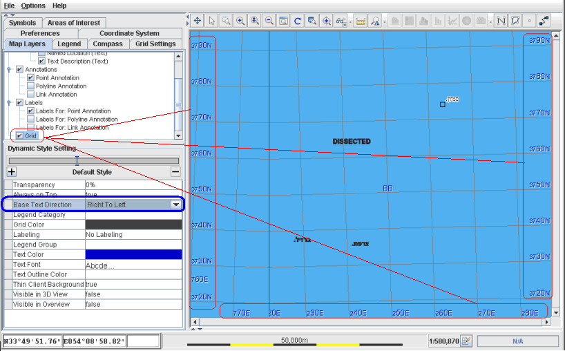 Shows
grid with some Hebrew grid labels in the Map window; Grid selected
in the Map Layers pane; Base Text Direction is Right To Left.