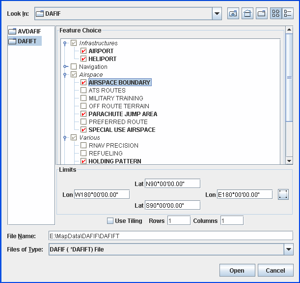 Select
Data Sources pane for a DAFIF file