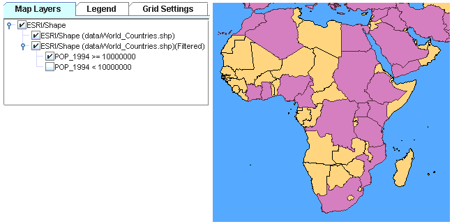 Map Layers
tab and map showing countries with a population greater than 10,000,000