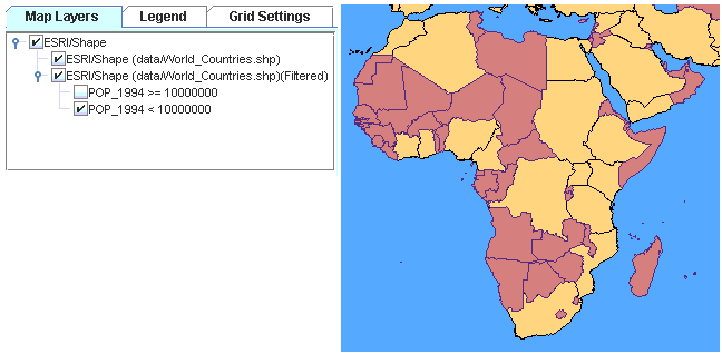 Map Layers
tab and map showing countries with a population less than 10,000,000