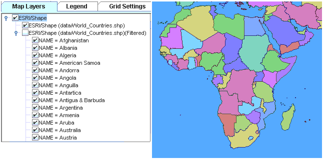 Map layers
tab and resulting map that has filtered layers