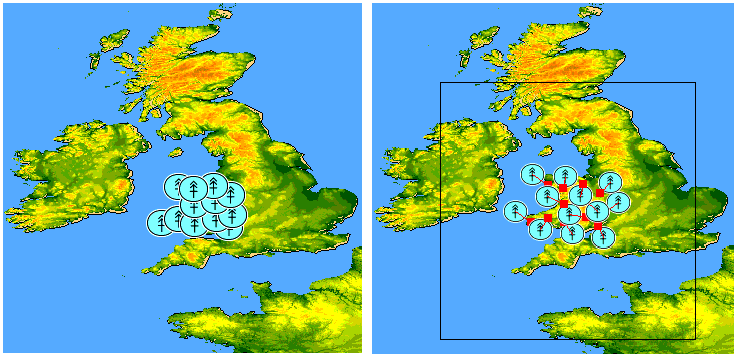 Two maps:
one with cluttered symbols and the other with uncluttered symbols