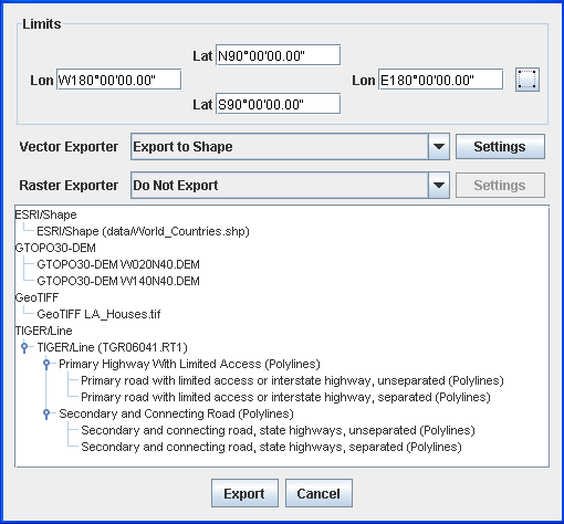 Exporting
Map pane showing map layers to be exported.