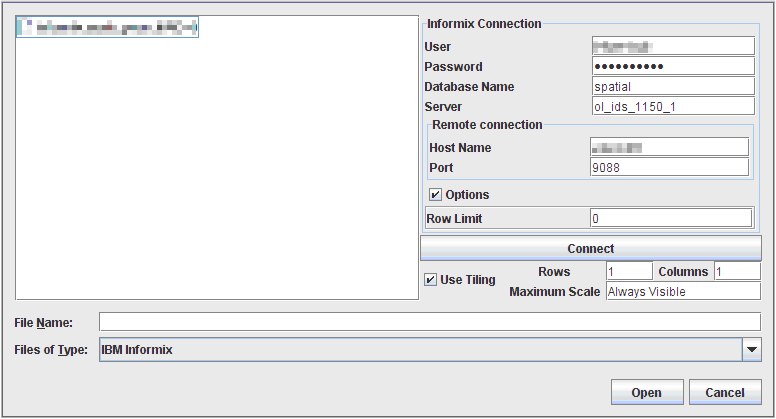 Select
Data Sources pane for an Informix spatial database