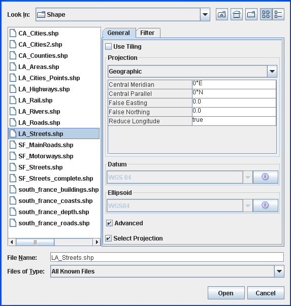 Select
data sources pane for ESRI/Shape file