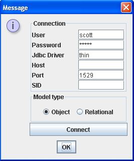 Message
pane obtained when connecting to the database