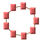 A circular
graph with nine nodes arranged equidistantly in a ring. Each node
has an incoming and an outgoing link, such that the node is linked
once to the preceding node in the ring and once to the following node.
Thus, this disposition of nodes and links forms a ring network topology.